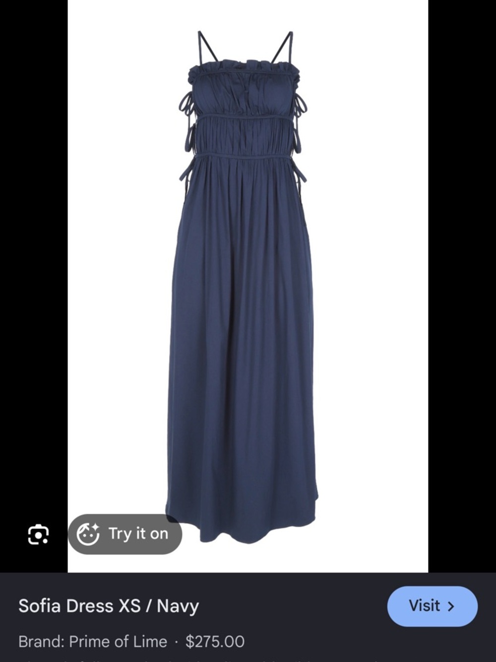 Prime of Lime “Sofia” Navy Smocked Maxi Dress with Spaghetti Straps & side ties